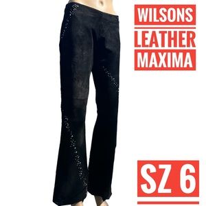 Wilson’s Leather Maxima black suede flare pants with rhinestones swirl. Sz 6
